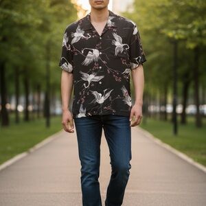 Rag and Bone Men's Avery Button Up Size Med. Black , Cranes